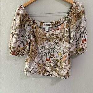 H&M Linen Blend Puff Sleeve Floral Top Blouse Size M